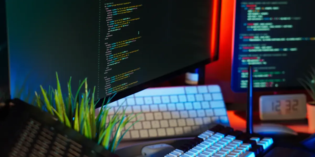 Ekrany z kodem programistycznym na biurku w ciemnym pomieszczeniu