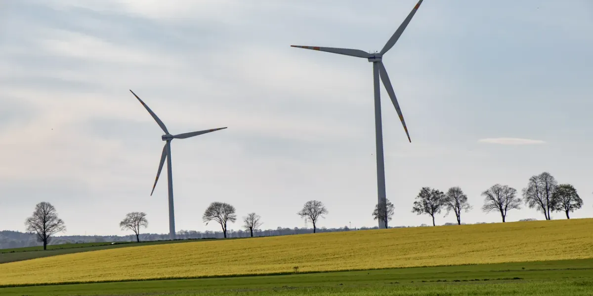 Turbiny wiatrowe nad polami — zielona energia