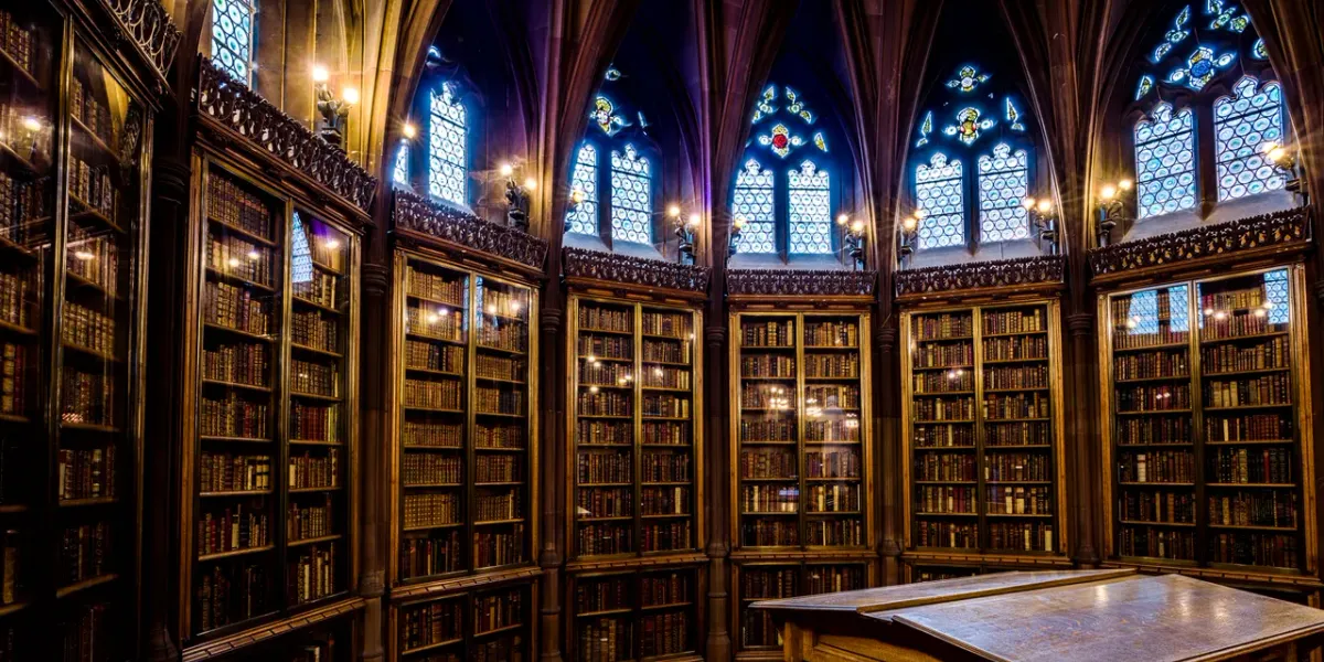 Historyczna sala biblioteczna z architekturą gotycką