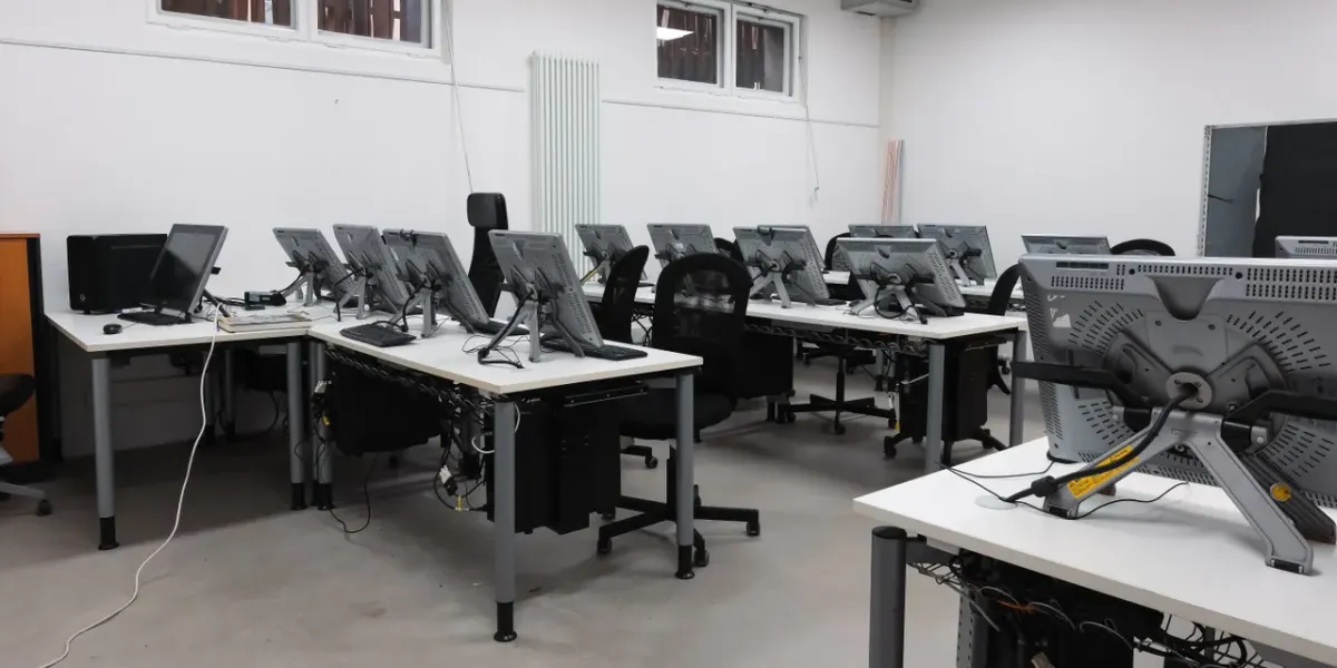 Puste laboratorium komputerowe z wieloma stanowiskami roboczymi
