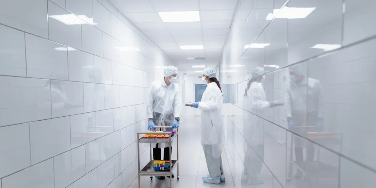 Dwoje pracowników w fartuchach ochronnych rozmawiających w sterylnym korytarzu laboratorium